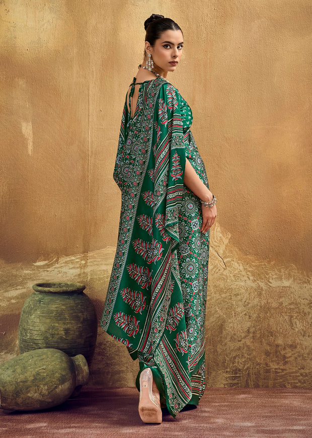 Bottle Green Printed Satin Silk Saree