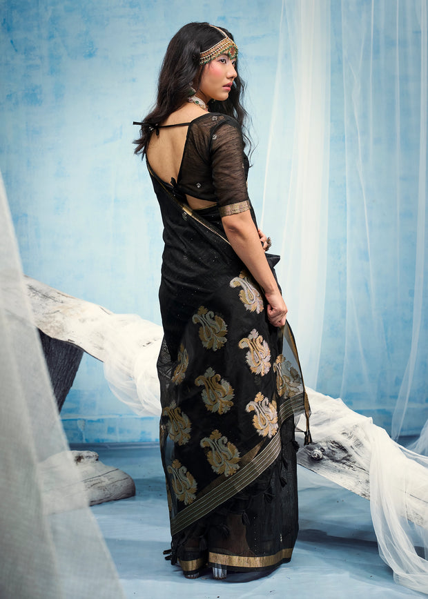 Pirate Black Woven Cotton Silk Saree
