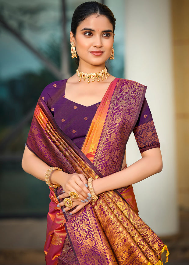 Apricot Orange Dual Tone Woven Banarasi Silk Saree