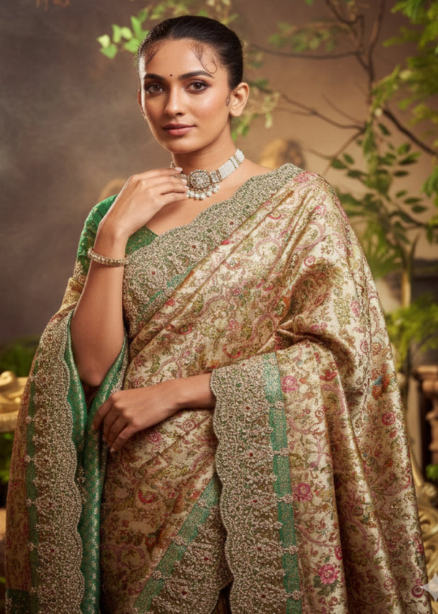 Beige And Green Embroidered Designer Saree