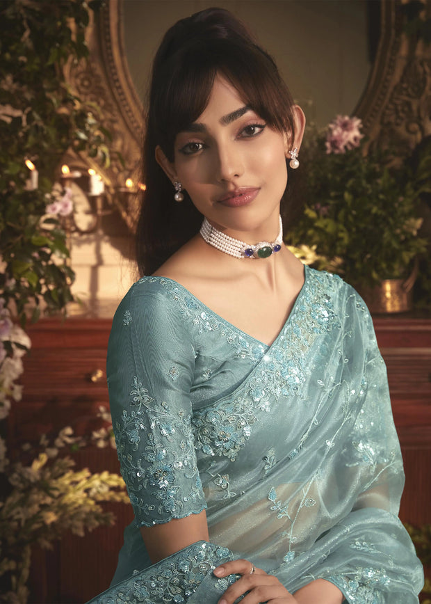 Aqua Mist Designer Tissue Organza  Saree