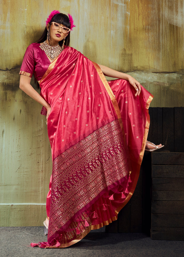 Peach Pink Banarasi Tusser Silk Saree