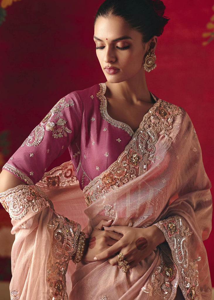 Rose Pink Designer Embroidered Saree