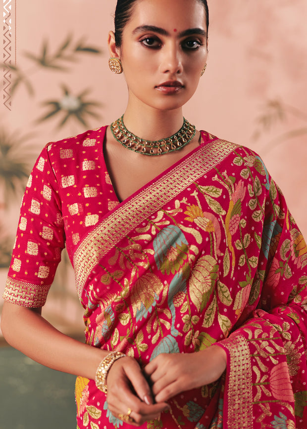 Pink Woven Georgette Bandhej Saree