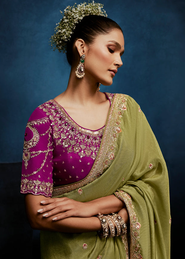 Mist Olive Embroidered Designer Tissue Saree