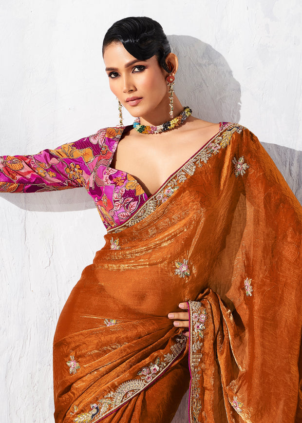 Rust Orange Embroidered Designer Saree