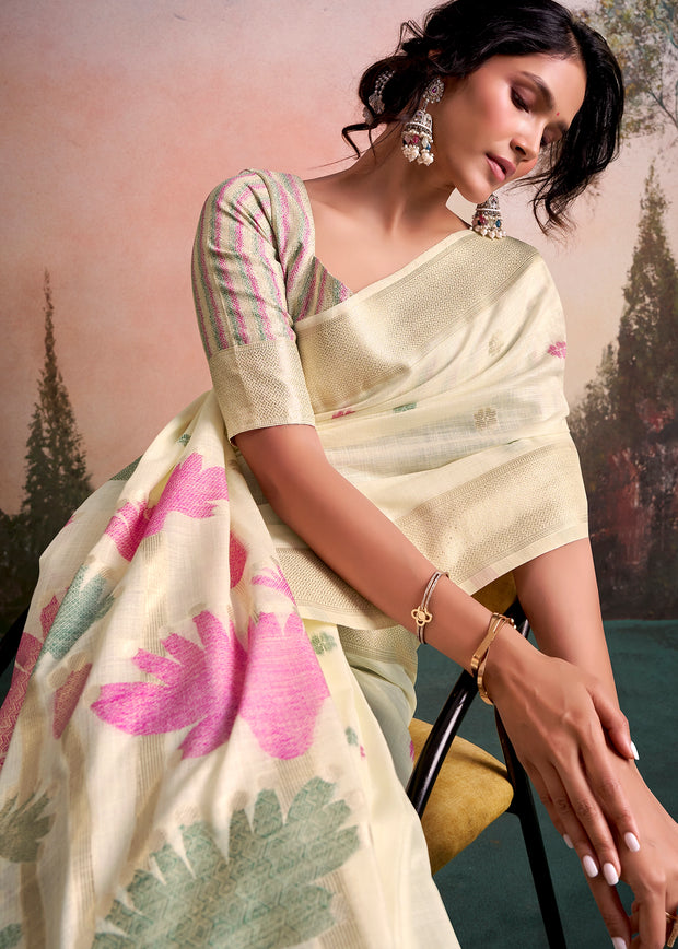 Snow White Woven Linen Cotton Silk Saree