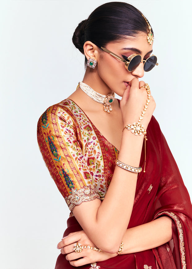 Maroon Designer Embroidered Tissue Saree