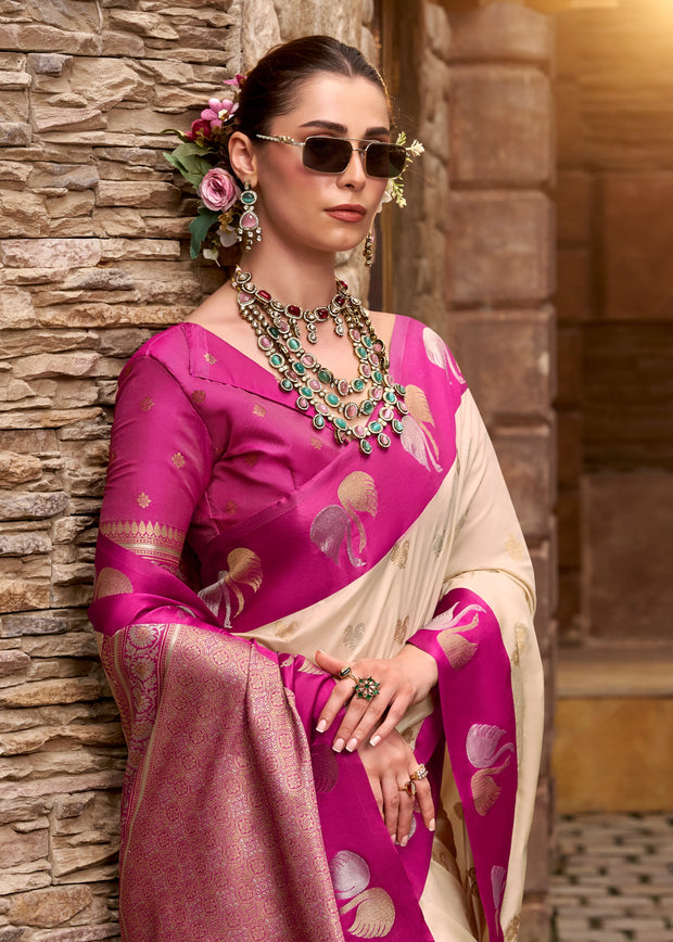 White And Pink Banarasi Satin Silk Saree