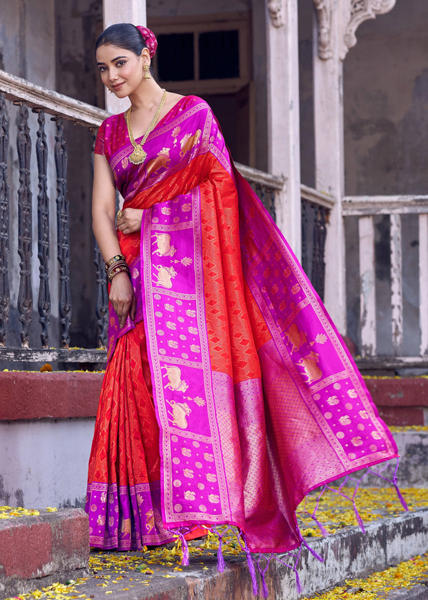 Red And Purple Woven Banarasi Silk Saree