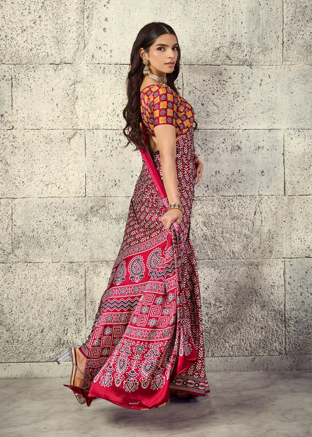 Red Printed Satin Silk Saree