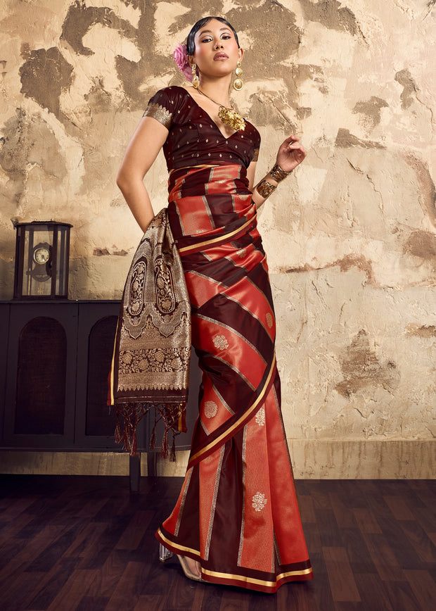 Coffee Brown Rangkat Satin Silk Saree