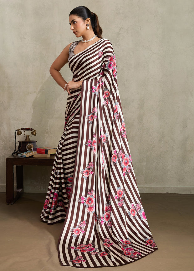Brown And White Printed Satin Silk Saree