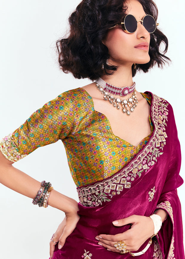 Beet Red Designer Embroidered Tissue Saree