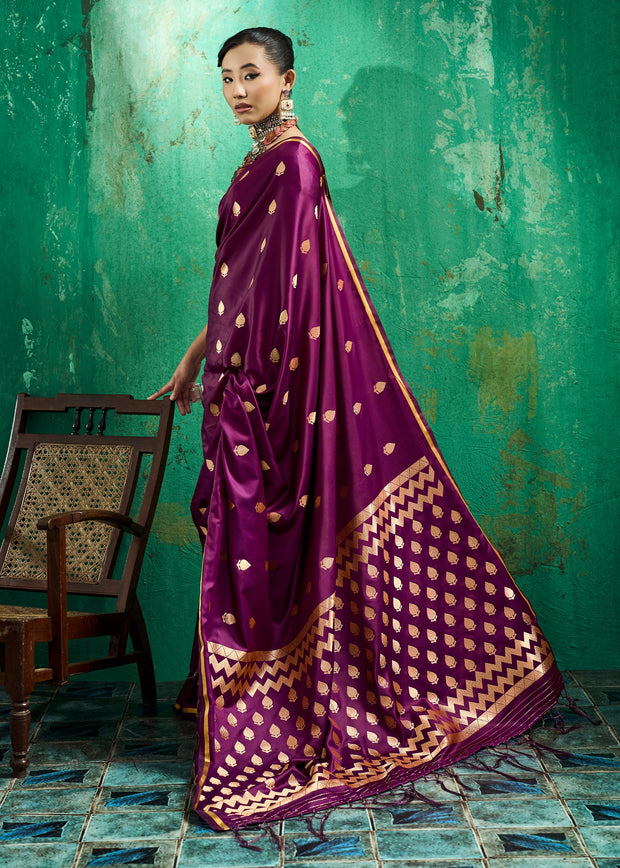 Plum Purple Woven Banarasi Satin Silk Saree