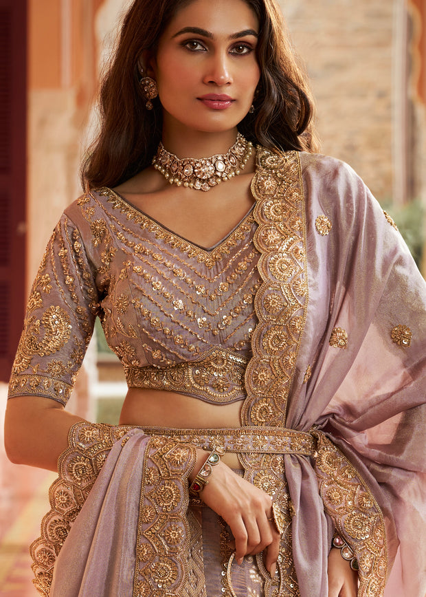 Mauve Banarasi Silk Embroidered Lehenga