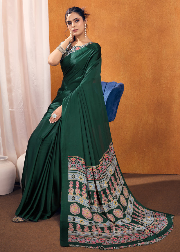 Jungle green satin silk saree with Ajrakh printed pallu and blouse piece