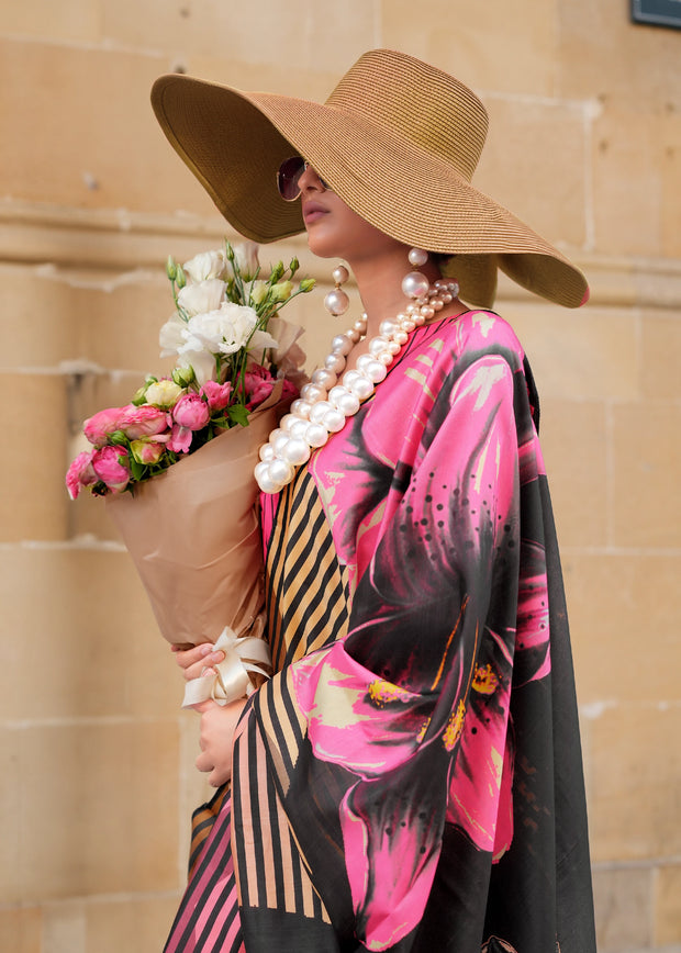 Pink And Black Digital Printed Soft Silk Saree