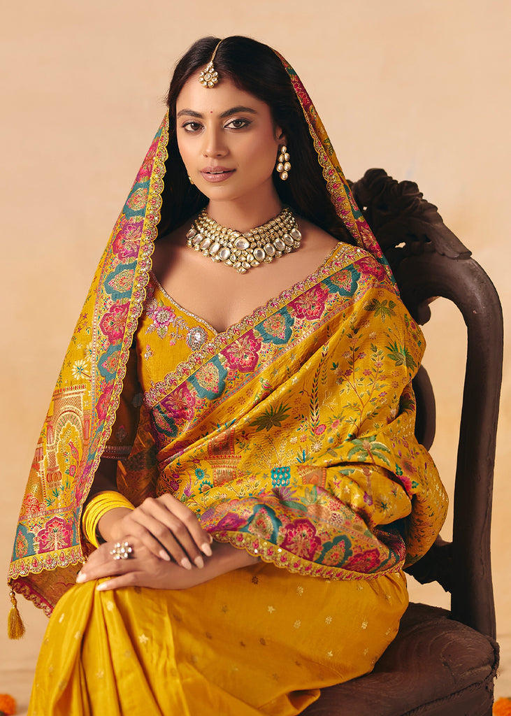 Honey Yellow Designer Embroidered Saree