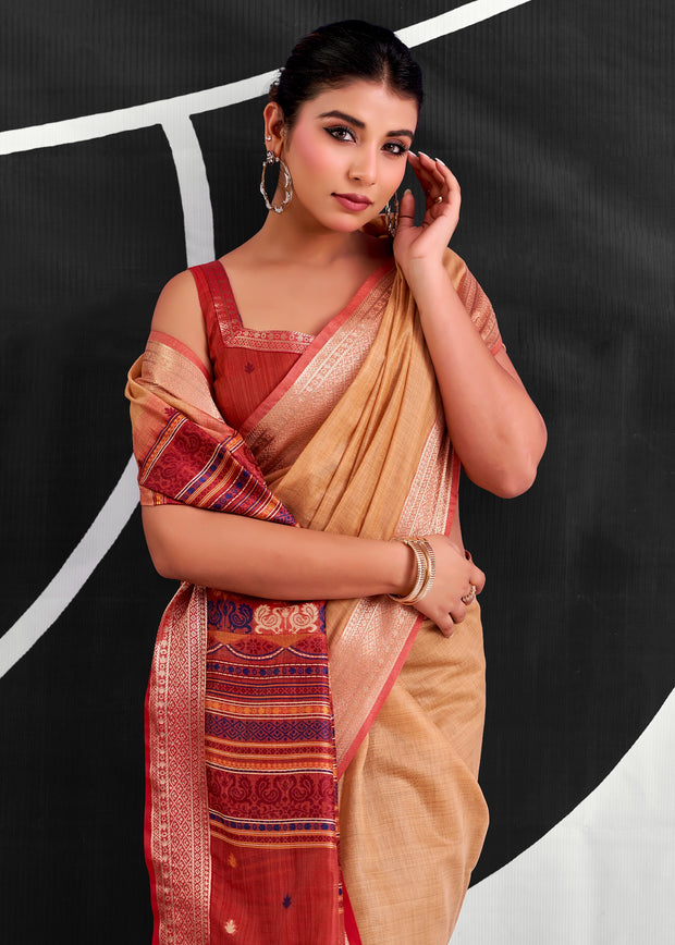 Orange Woven Linen Cotton Silk Saree