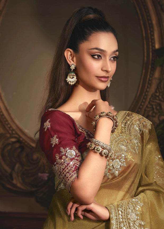 Bronze Green Designer Tissue Organza  Saree