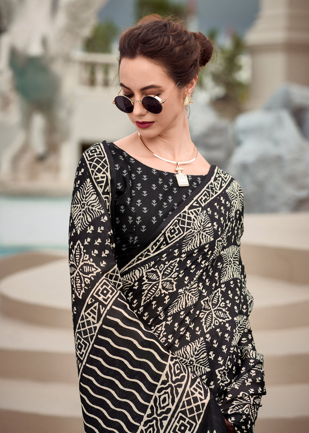 Black Printed Cotton Silk Saree