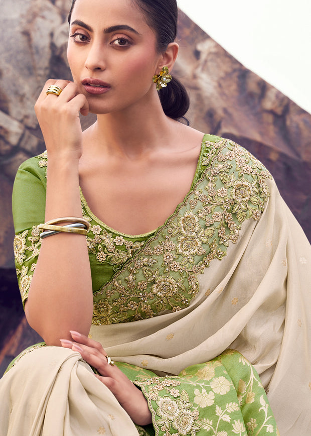 Green & Cream Woven Embroidered Tissue Silk Saree