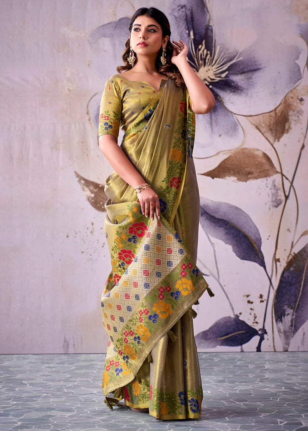 Olive Green Woven Tissue Silk Saree