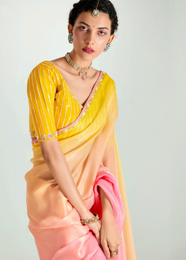 Pink Ombre Designer Tissue Saree With Embroidered Blouse