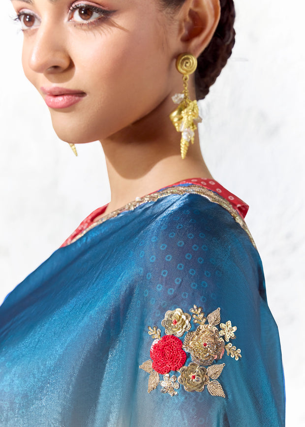 Multicolor Designer Organza Silk Saree With Printed Blouse