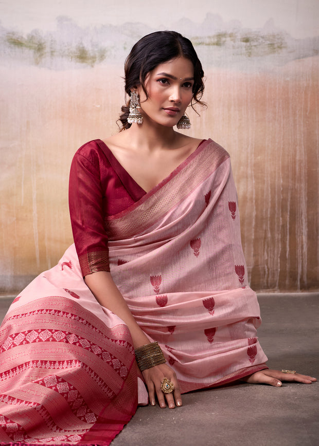 Blush Pink Woven Banarasi Cotton Silk Saree
