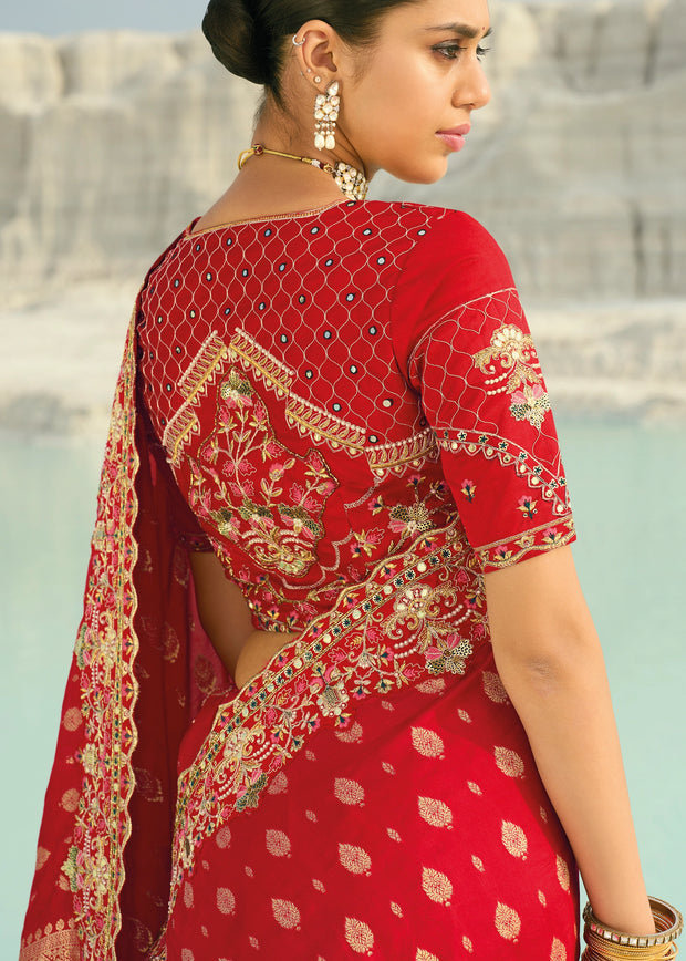 Cherry Red Woven Banarasi Embroidered Soft SIlk Saree