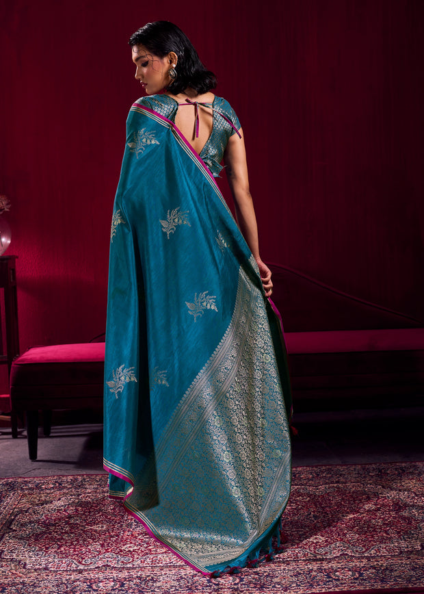 Moroccan Blue Woven Banarasi Satin Linen Silk Saree
