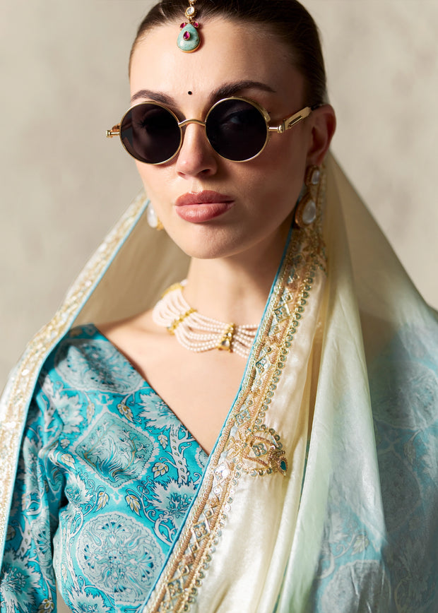 Aqua Blue Designer Organza Tissue Silk Saree With Printed Blouse