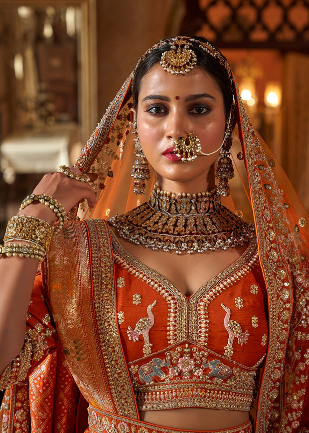Rust Orange Heavy Embroidered Designer Lehenga
