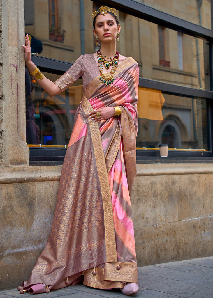 Blush Pink And Peach Printed Soft Silk Saree – Zari Banaras
