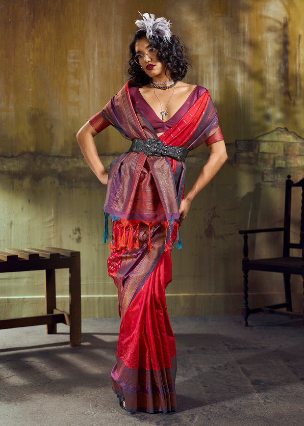 Raspberry Red Woven Banarasi Silk Saree