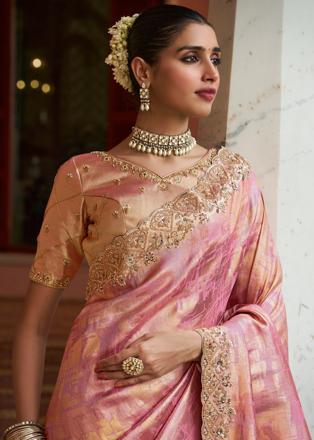 Peach Pink Bead Work Kanjivaram Soft Silk Saree