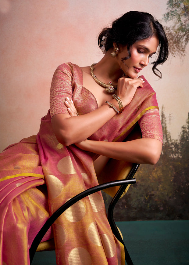 Orange Peach Woven Tissue Silk Saree