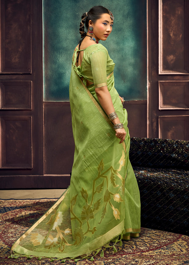 Pistachio Green Woven Cotton Silk Saree