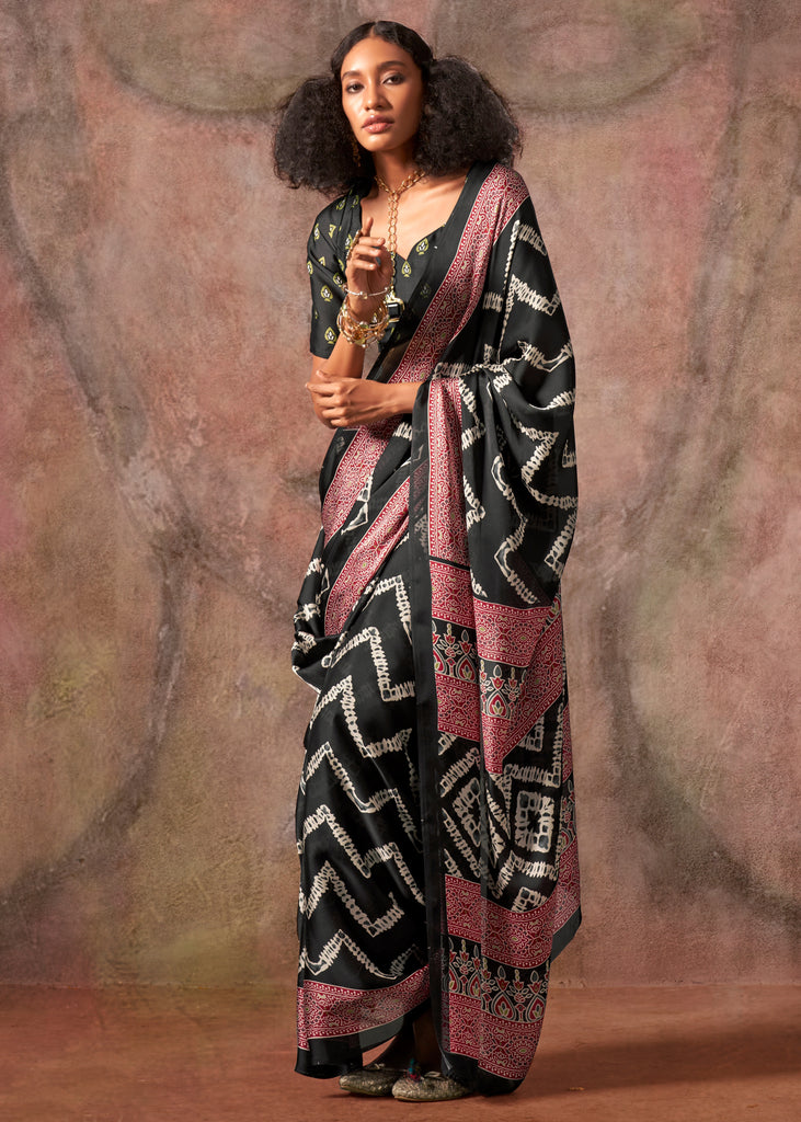 Jet Black Printed Crepe Satin Silk Saree