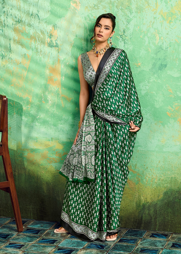 Forest Green Printed Satin Silk Saree