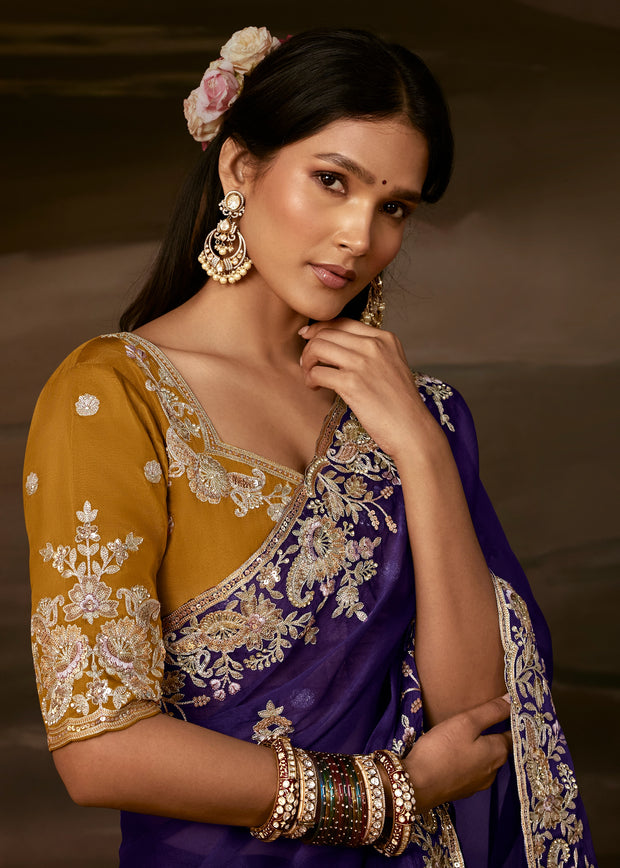 Grape Violet Embroidered Designer Organza Saree