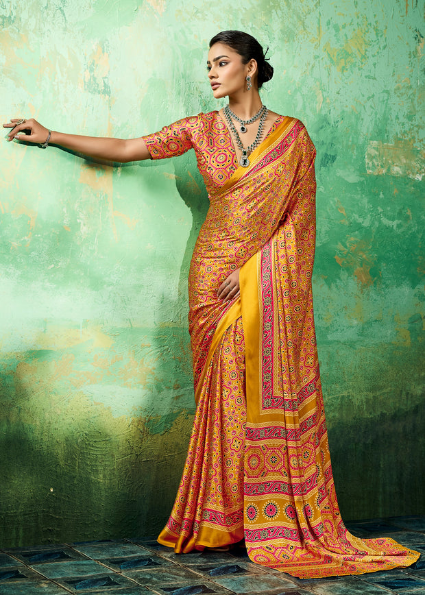 Yellow Printed Satin Silk Saree