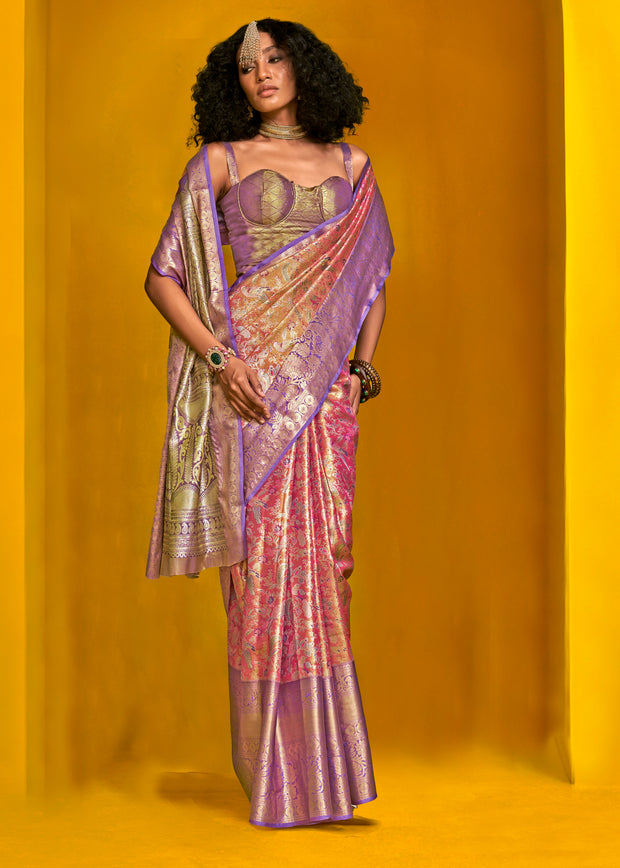 Pink and purple dual tone Kanjivaram silk saree with woven colour gradient