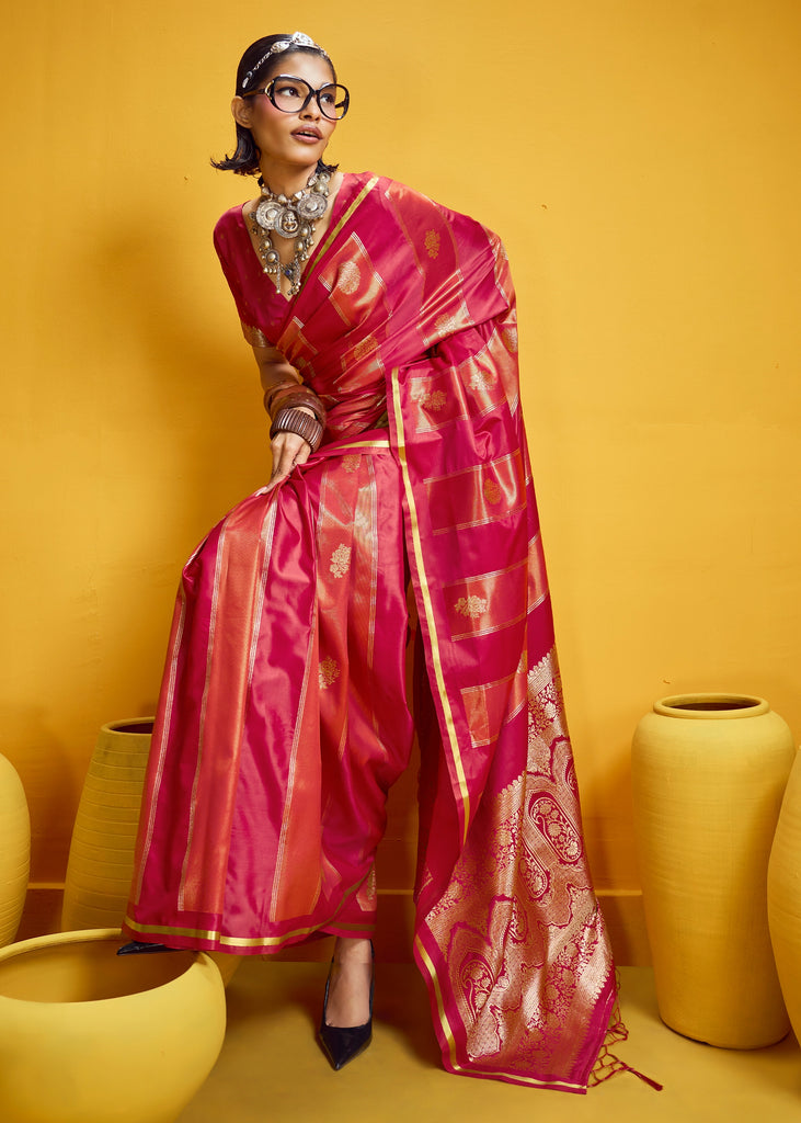 Rose Red Woven Banarasi Satin Silk Saree