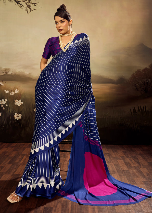 Navy Blue Printed Satin Silk Saree