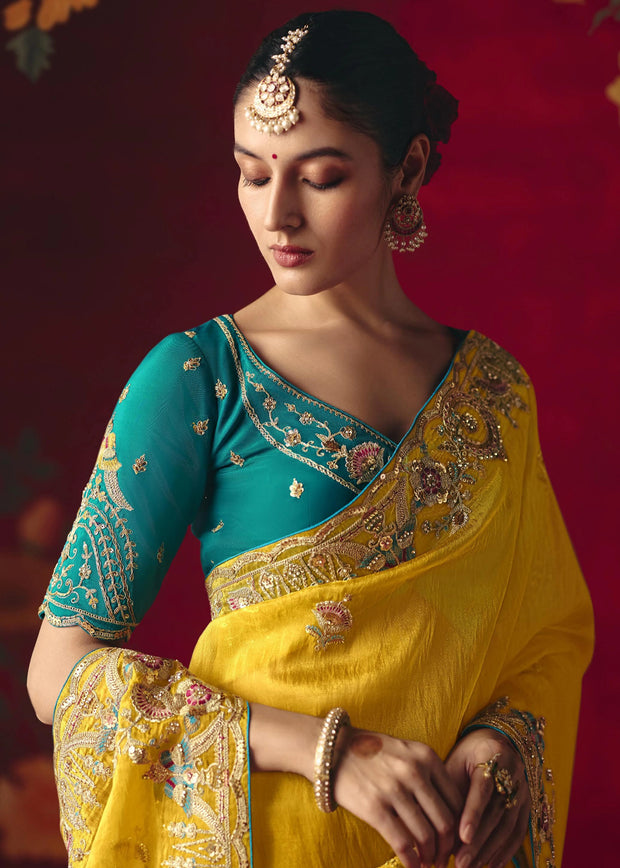 Bright Yellow Designer Embroidered Saree