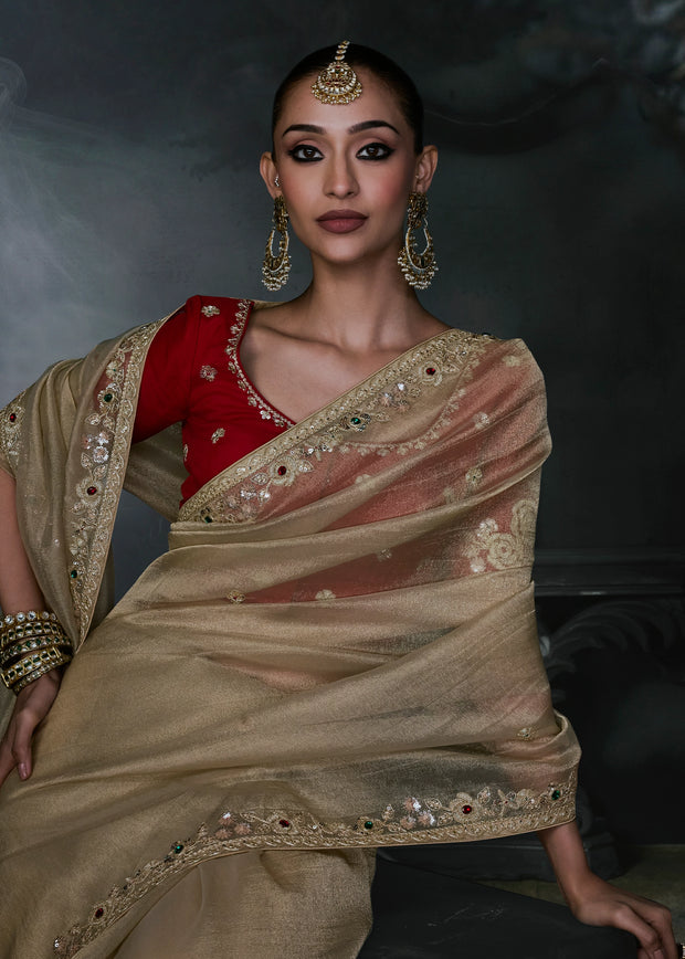 Sand Beige Embroidered Designer Saree