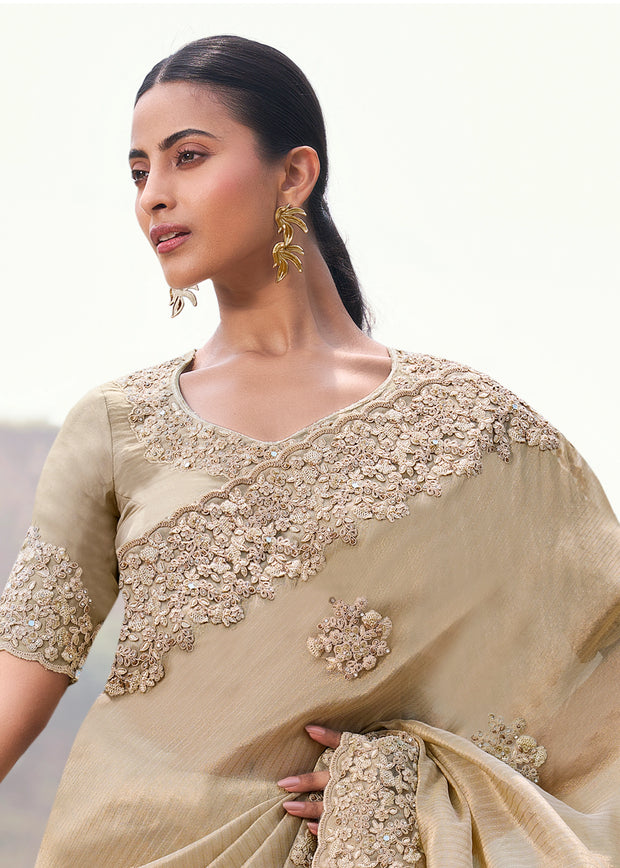 Elegance Ivory Woven Embroidered Tissue Silk Saree